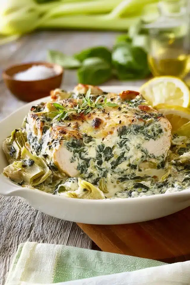 Spinach Artichoke Chicken with Cottage Cheese 10 55 70