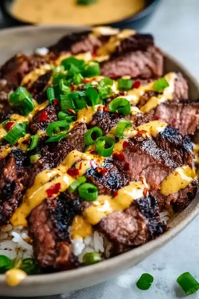 Korean BBQ Steak Rice Bowls with Spicy Cream Sauce 17 44 30