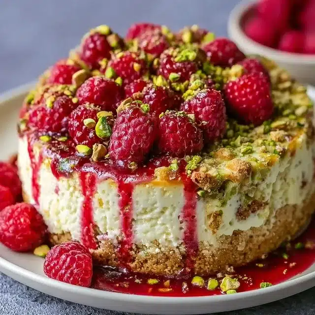 Elegant Pistachio Raspberry Crunch Cheesecake 15 22 38